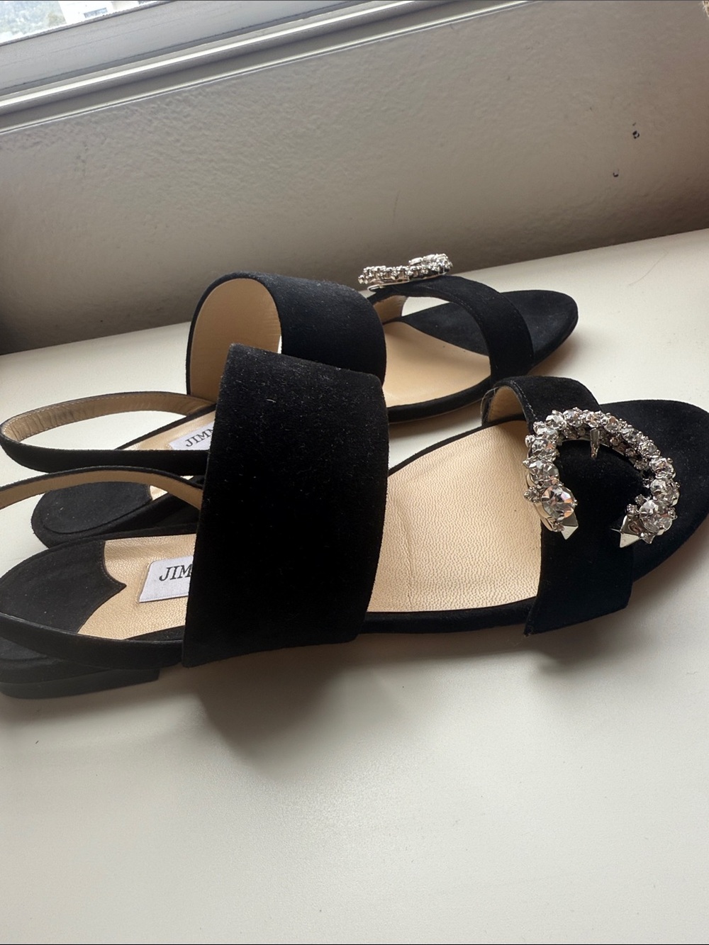 Jimmy Choo Black Saphera flat suede sandals with crystal buckle - Picture 5 of 9